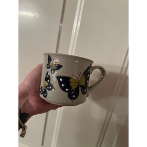 Vintage Blue Butterfly Stoneware Mug Cup Embossed